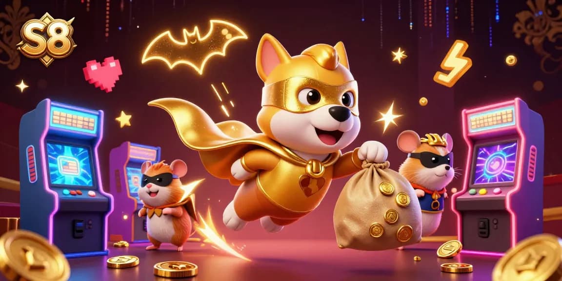 S8 casino gaming illustration featuring a superhero dog and sidekick hamster amongst colorful slots and gaming elements.