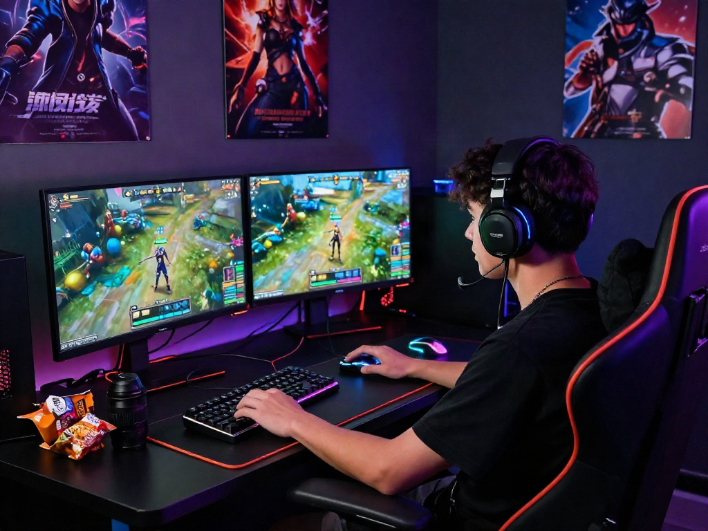 Player immersed in a thrilling porn game, showcasing vibrant graphics and a high-energy gaming setup.
