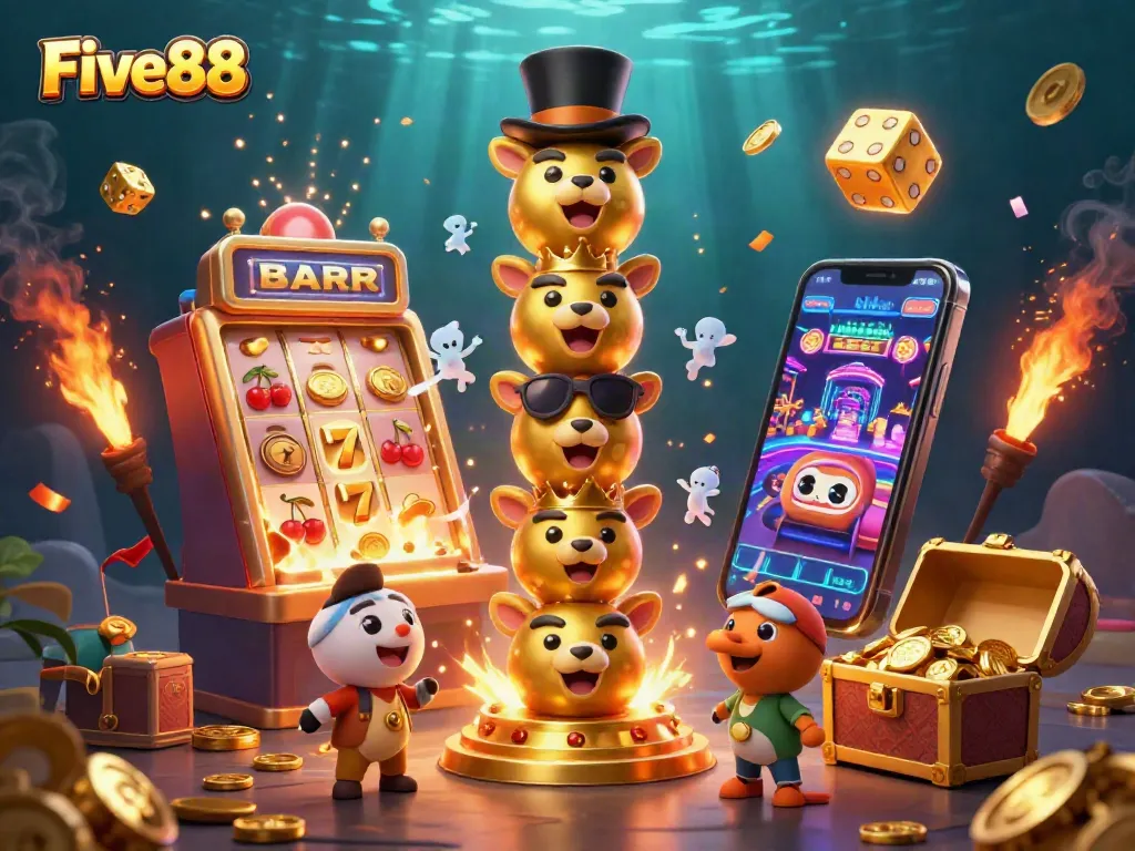 Engage in thrilling gambling experiences with Five88's vibrant 3D casino scene featuring multiple exciting elements.