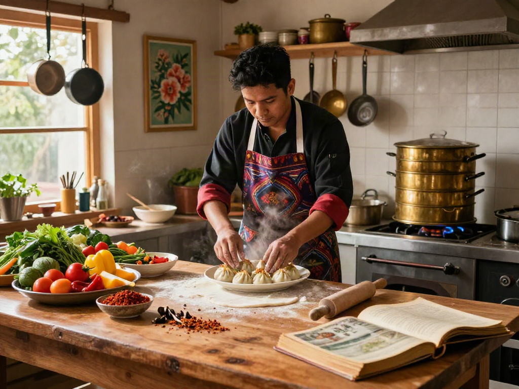 Fresh momos being prepared with spices and vegetables in a warm kitchen, showcasing rokok88 culinary techniques.