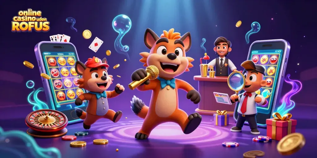 Play exciting games at online casino uden ROFUS with vibrant hyena characters in a lively casino scene.