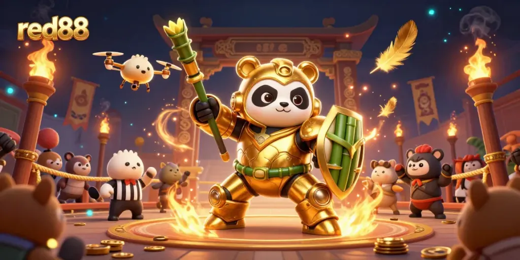 Experience thrilling gameplay at red88 with a mech-suit panda in a vibrant casino arena.
