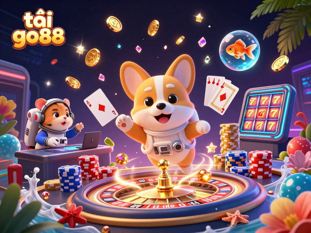 Play exciting games with tải go88 while enjoying a vibrant 3D casino experience filled with floating characters and gambling elements.