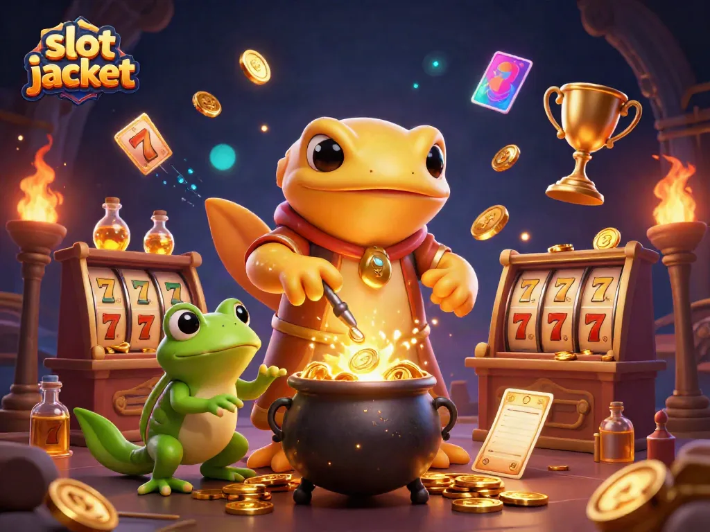 Watch the thrilling slot jackpot scene with characters exchanging gold coins and vibrant slot elements.