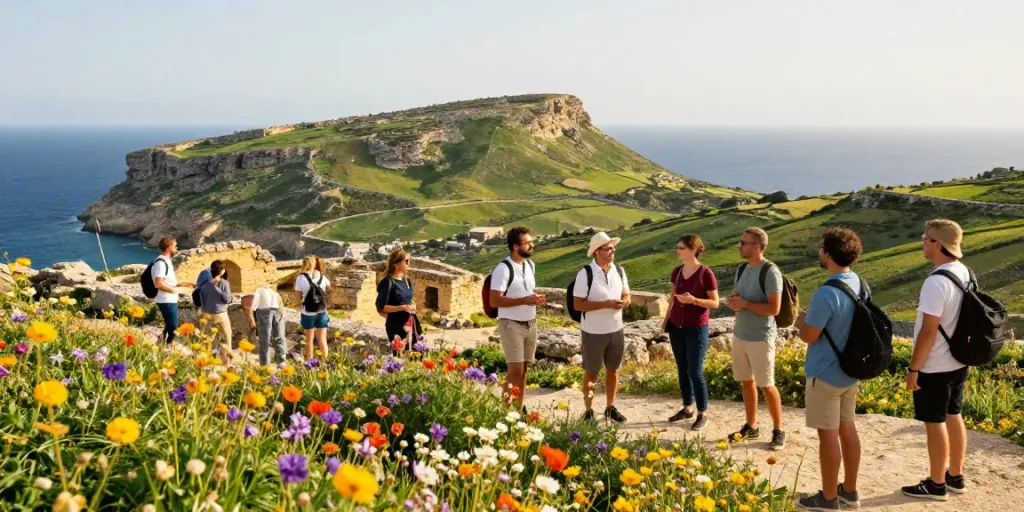 Gozo tours featuring a traveler discovering ancient ruins with a local guide.
