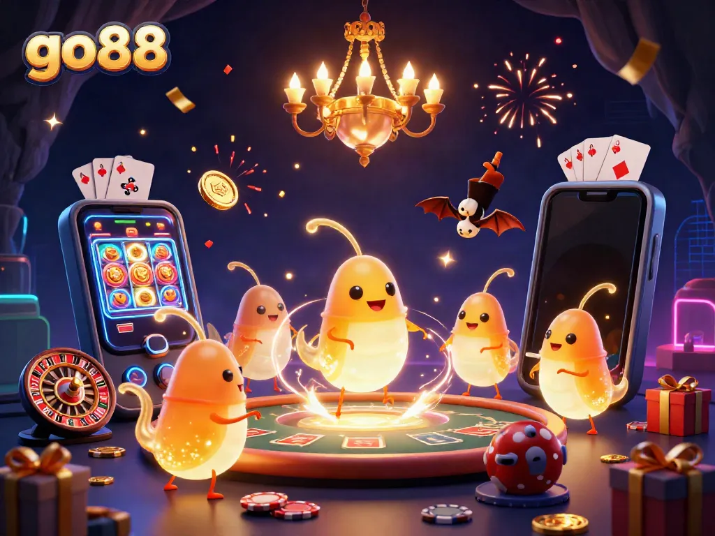 Experience the thrill of go88 with glowworms illuminating a vibrant casino scene.