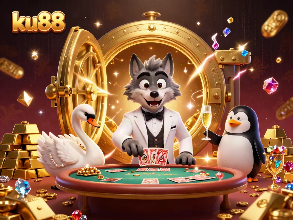 Experience high-stakes baccarat with ku88 as elegant characters deal cards amidst treasure and excitement.