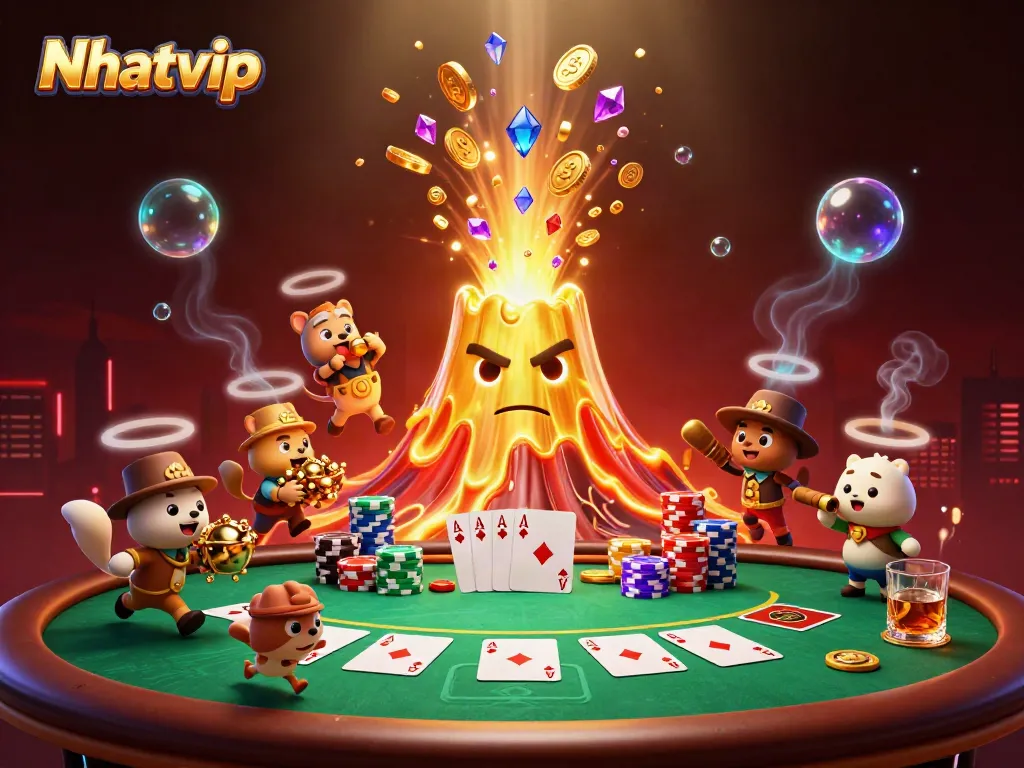 Nhatvip volcano erupts coins while tiny explorers collect treasure at a vibrant poker scene.