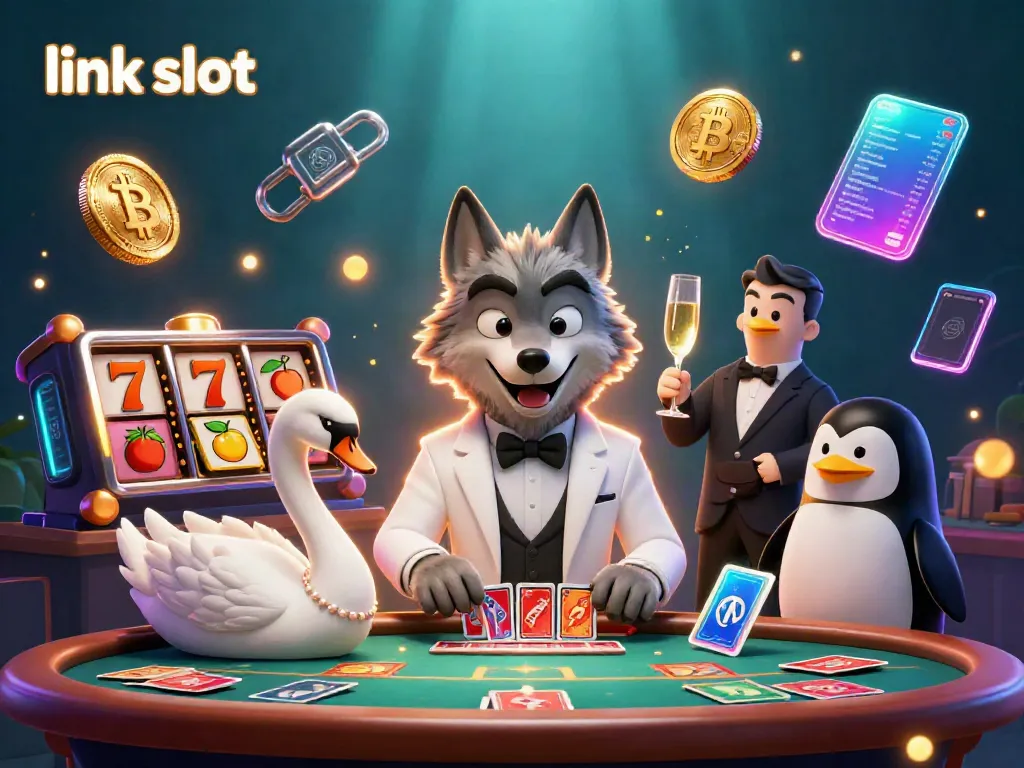Spin lucky reels at link slot with a charming wolf dealer, elegant swan, and sophisticated penguin.