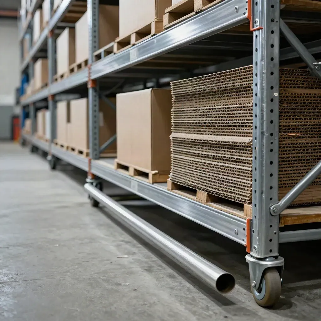 Macro of warehouse carts, cartons and steel shelving shifting from empty to ready.