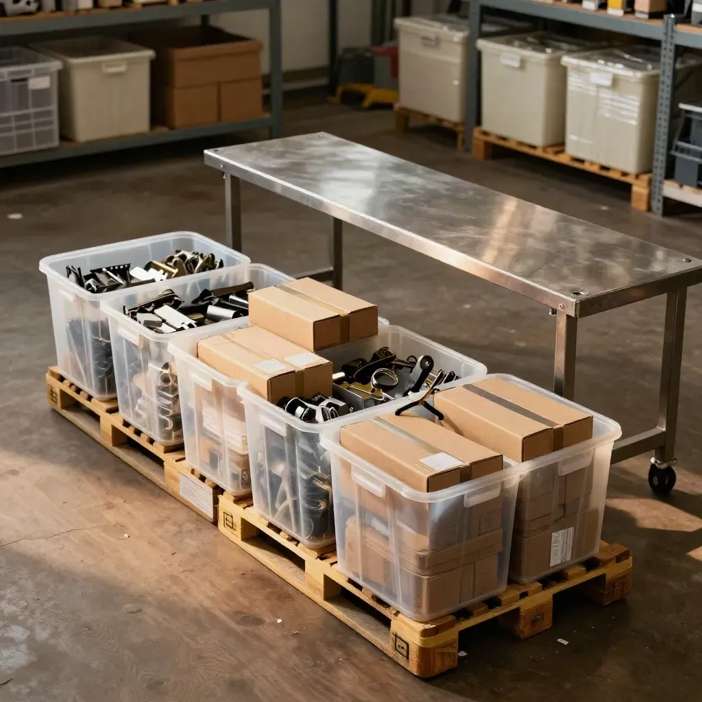 Stocked bins, sealed cartons and a reset service bench on a warm factory floor.