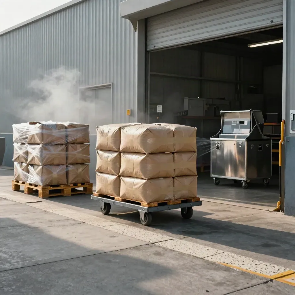 Steel trolley of parcels rolls through a loading bay beside a reserve cash case at dawn.