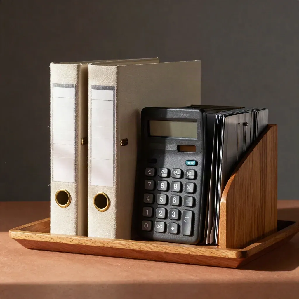 Closed binders, brass tabs, calculator and filing tray on terracotta in warm light