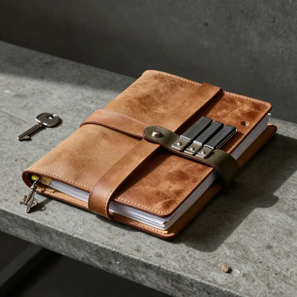 Top-down leather debt binders, lockbox and metal clips on a concrete archive surface