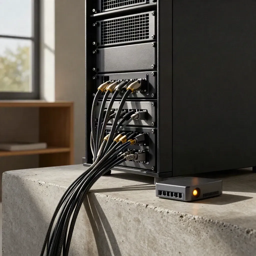 Server hardware and a launch prototype on a concrete plinth in a warm startup workspace.