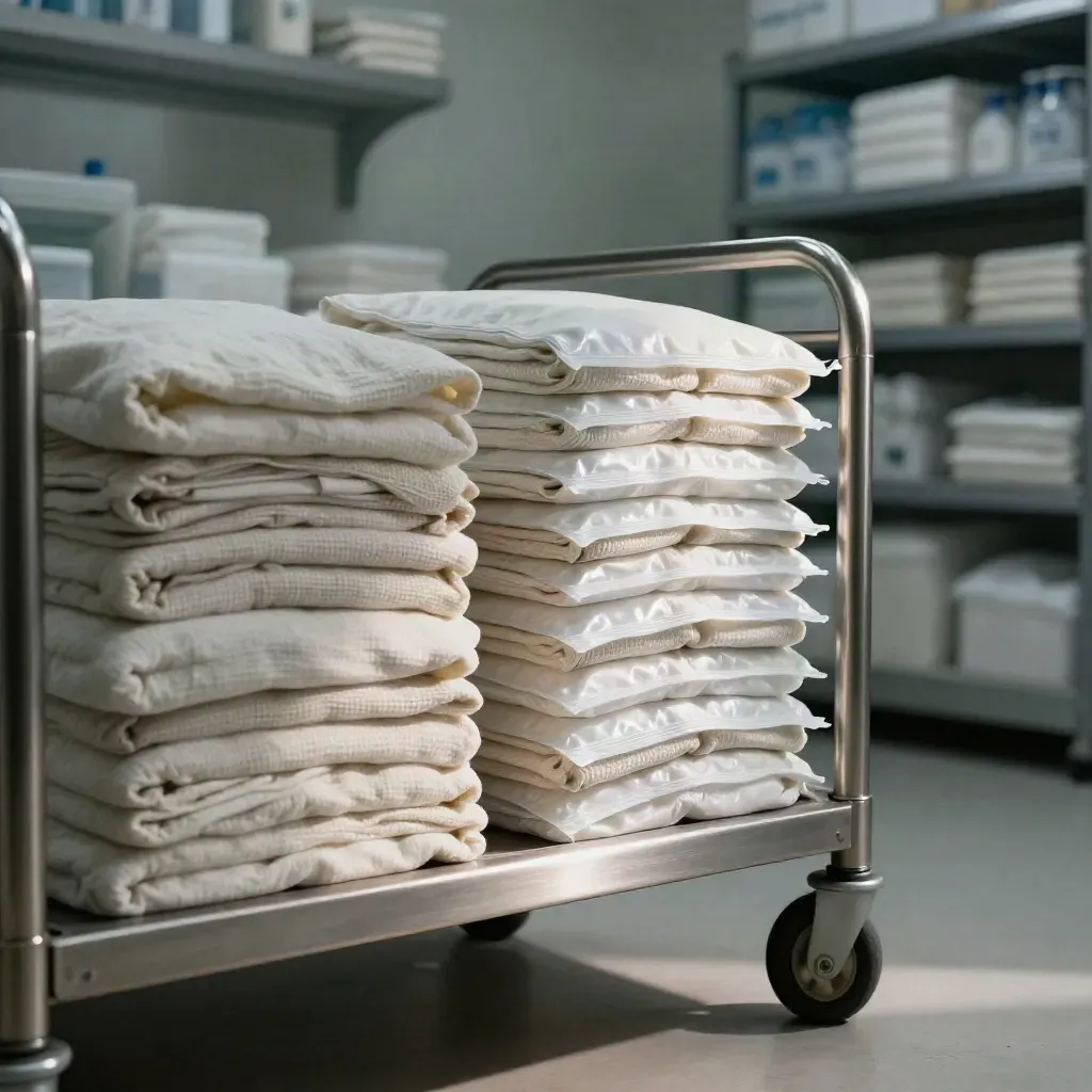 Close-up of restocked care-room linen carts, sealed hygiene packs, and metal shelves