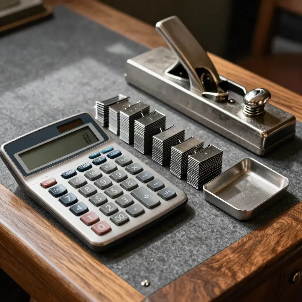 Top-down finance still life with calculator, metal clips and steel tray on a walnut surface.