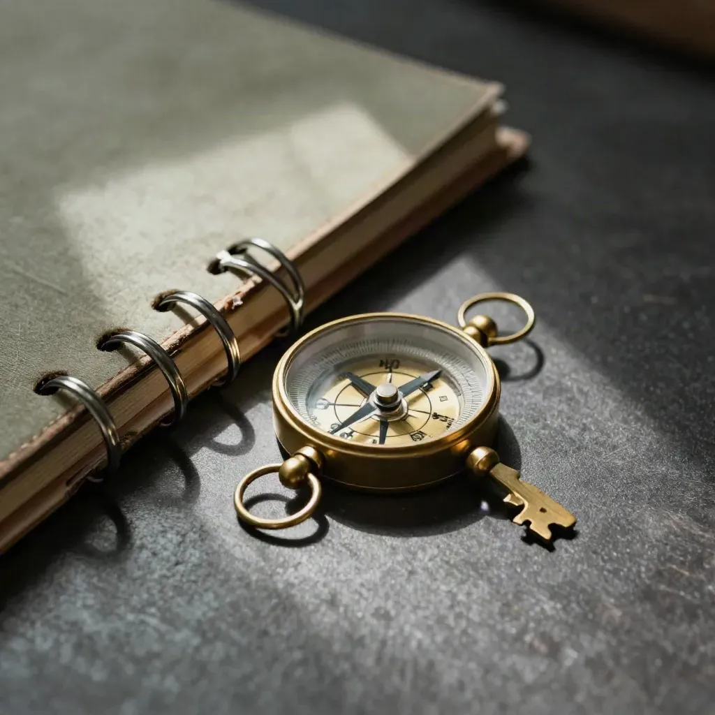 Macro still life of a brass compass, binder spine, and route markers on a dark desk.