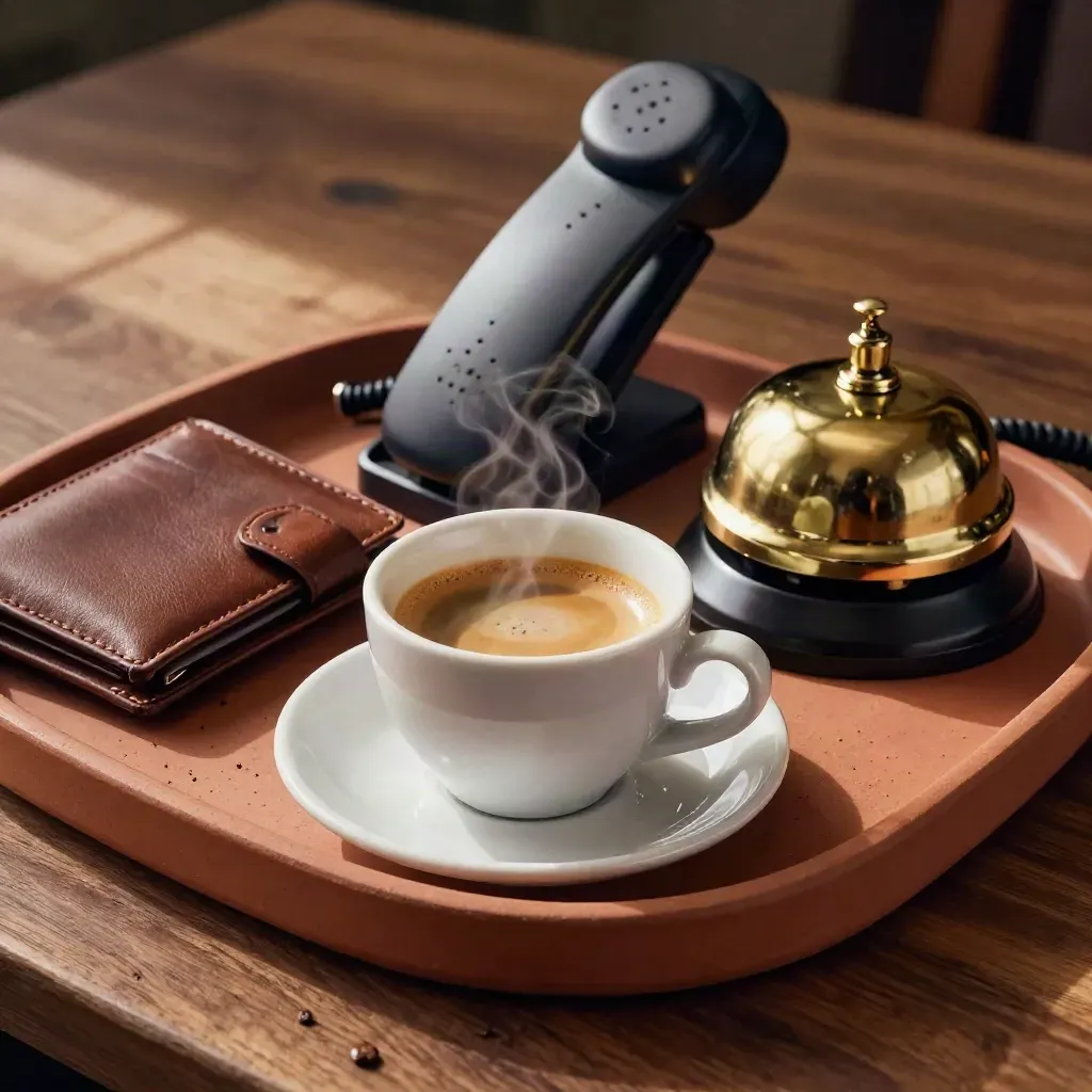 Steam rising from espresso beside a brass desk bell, wallet, and phone cradle on walnut.
