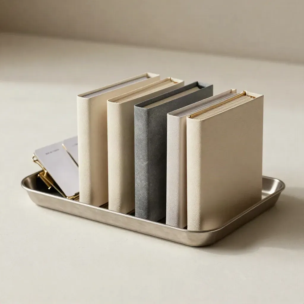 Three tabbed binders and face-down cards aligned in a shallow tray on a pale plaster surface.