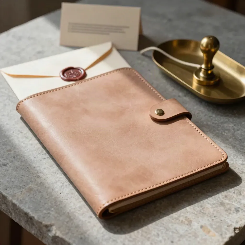 Leather folio, wax-sealed envelope and brass tray on limestone, lit from one side.