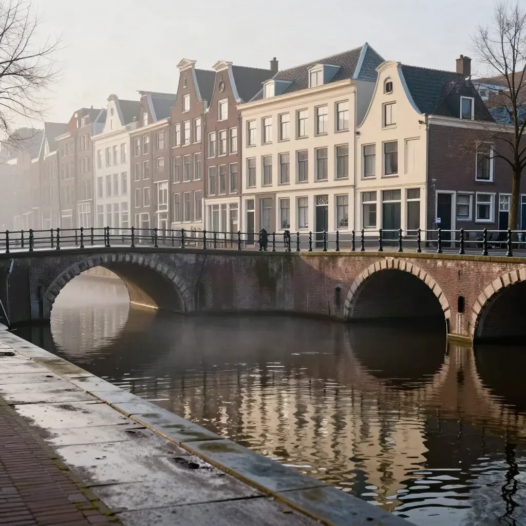 Foggy Amsterdam canal houses and bridge arches above a calm wet quay.