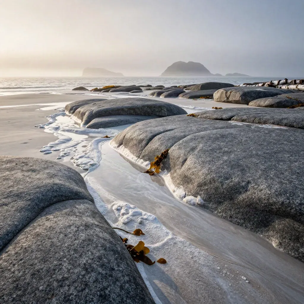 Granite Nordic shoreline with pale water, distant islands, and silver mist