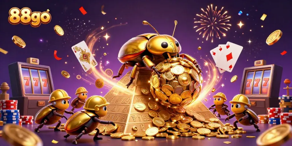 Engage with 88go's dynamic gaming scene featuring a golden beetle and casino elements.