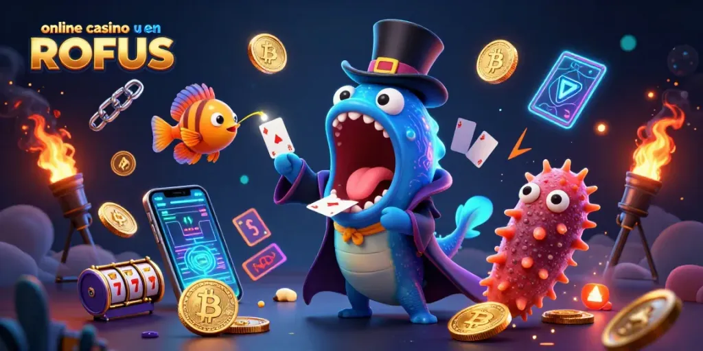 Engage with slots in this vibrant online casino uden ROFUS illustration showcasing magic and crypto elements.