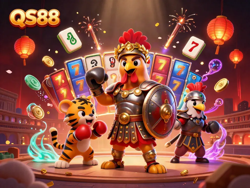 Experience exciting gameplay with QS88 in a vibrant 3D casino scene featuring a rooster warrior and tiger.