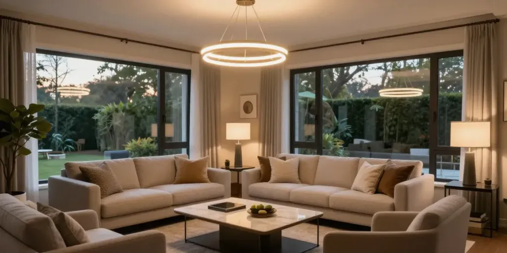 Lustra living modernă care luminează un living confortabil, evidențiind servicii locale profesioniste.