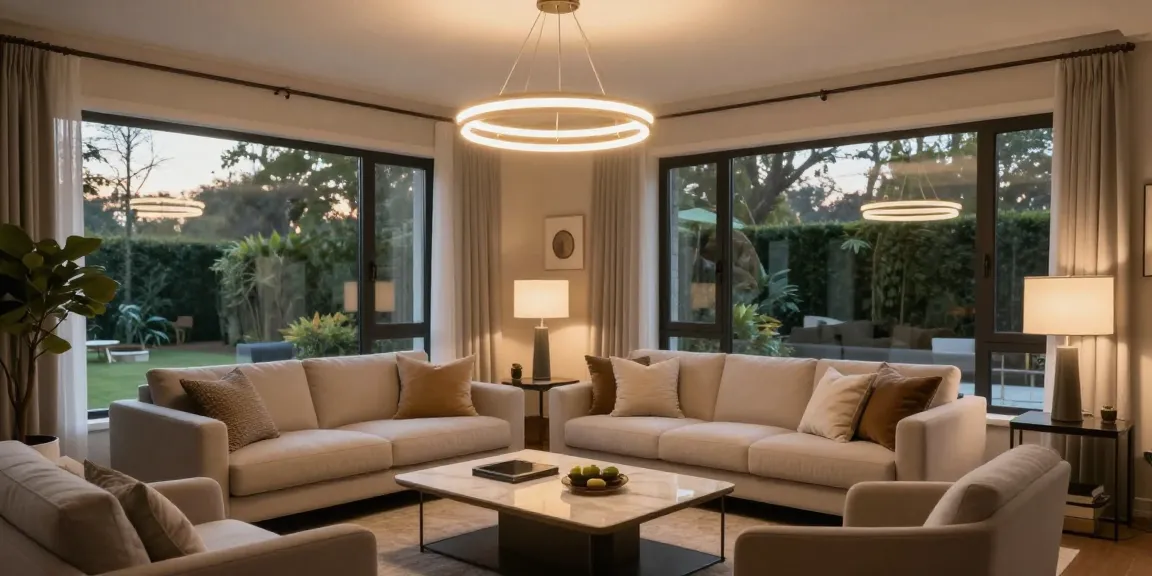 Lustra living modernă care luminează un living confortabil, evidențiind servicii locale profesioniste.