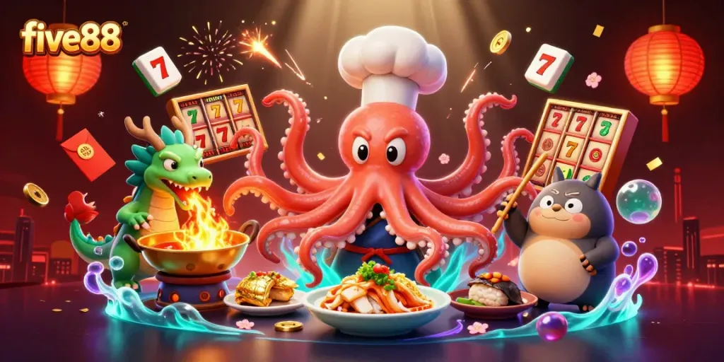 Engage with five88's vibrant gaming world featuring an octopus chef, dragon, and tanuki in an energetic casino scene.