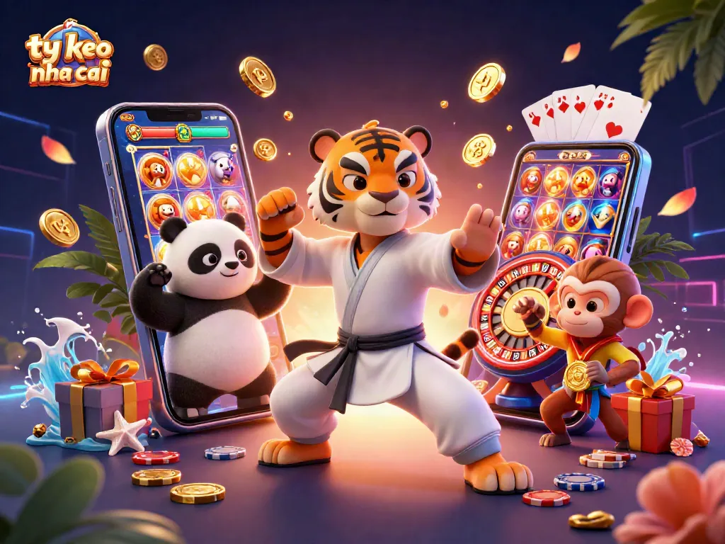Experience ty le keo nha cai with a vibrant scene of a kung fu tiger, panda, and monkey at a casino