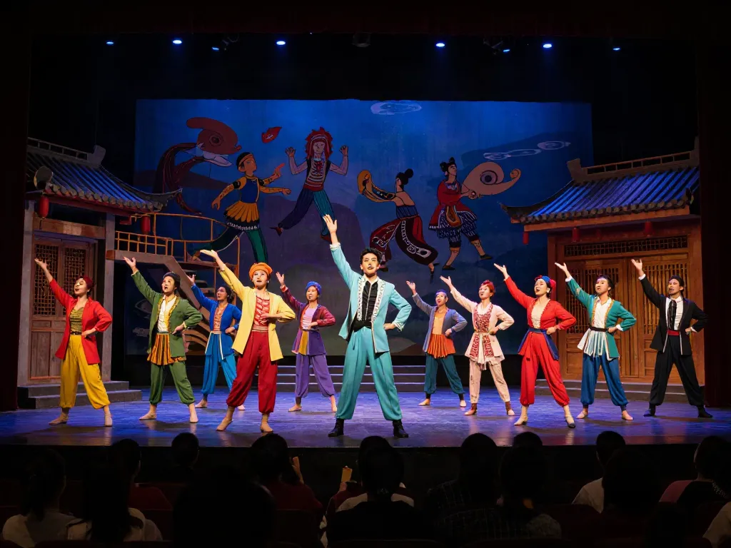 Engaging theatre performance highlighting rokok88 login excitement with colorful costumes and dramatic stage lighting.