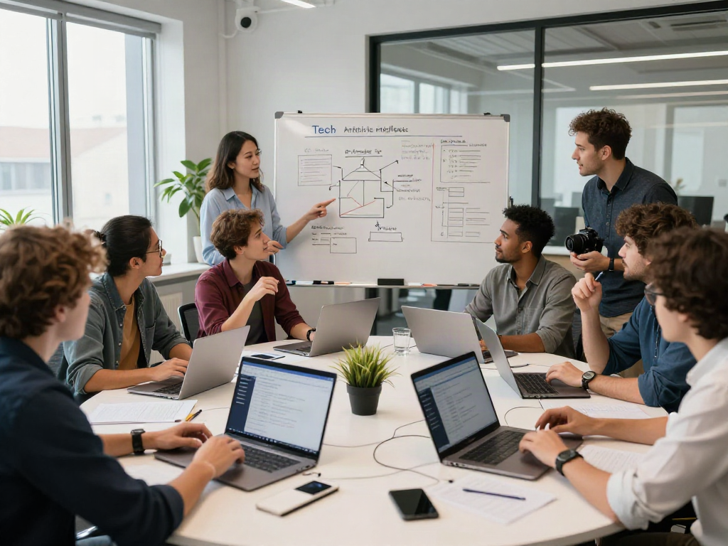 Team collaborating on crushon ai innovations in a modern tech workspace