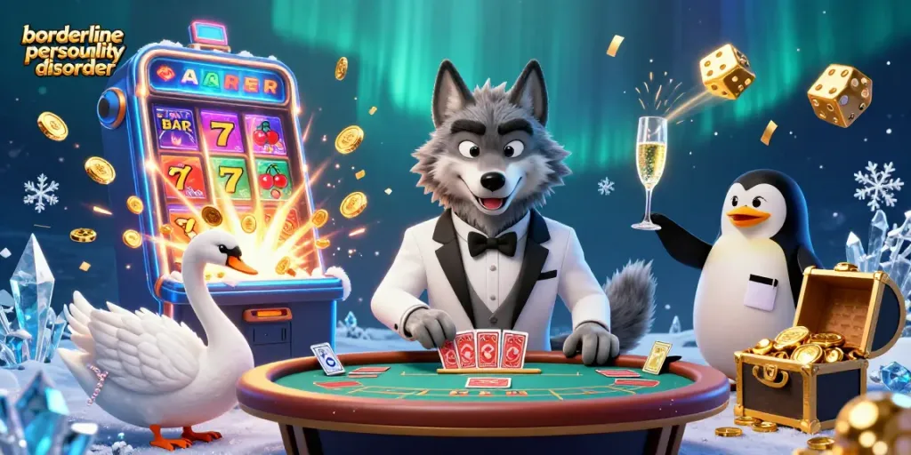 Engaging illustration showcasing a debonair wolf at baccarat alongside a swan dealer, displaying borderline personality disorder.
