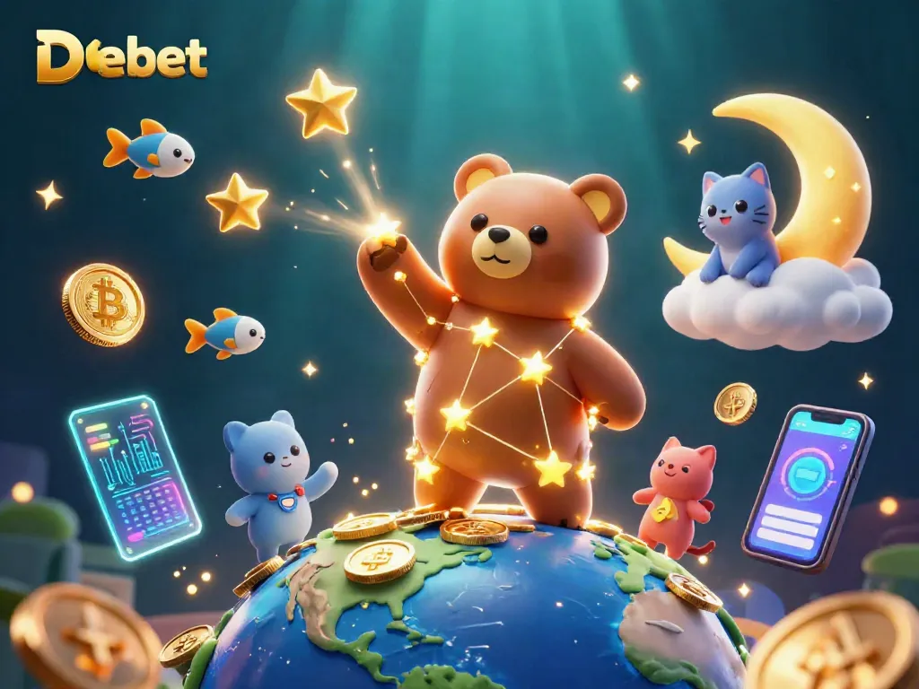 Experience thrilling gaming action with Debet as the constellation bear dives for coins amid vibrant crypto symbols.