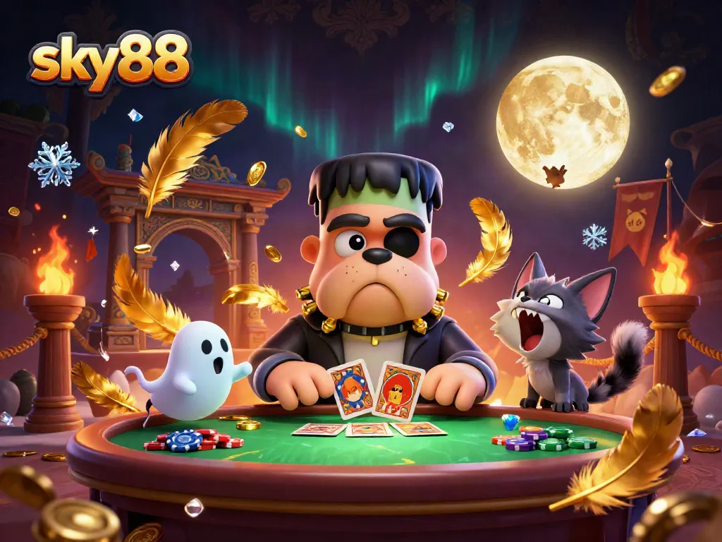 Engage in thrilling games at sky88 with a vibrant casino scene featuring unique characters and rich elements.