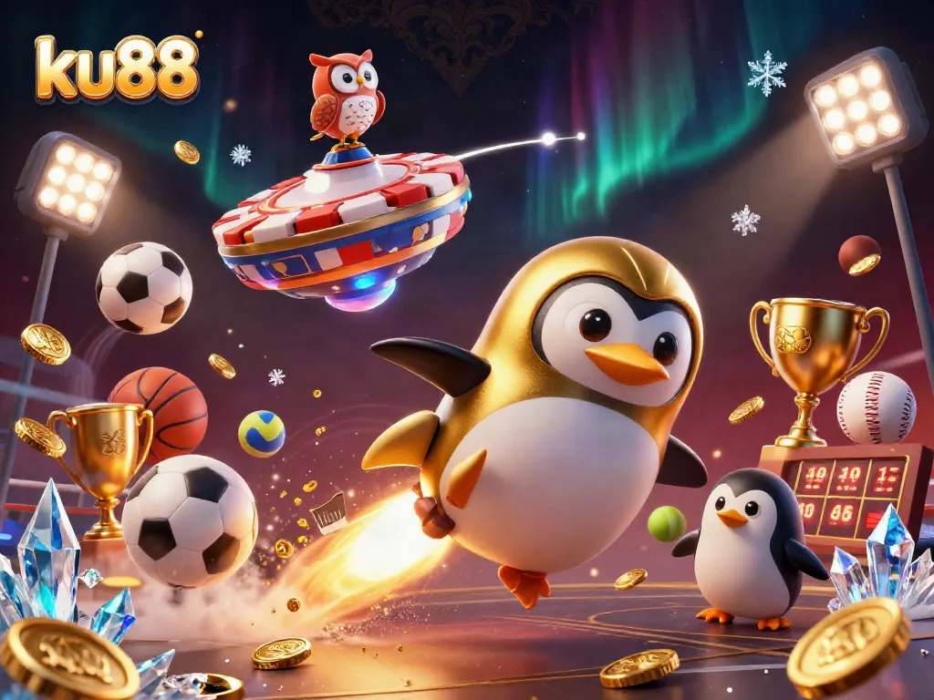 Join the excitement at ku88 as a golden penguin blasts into a shimmering casino space adventure.