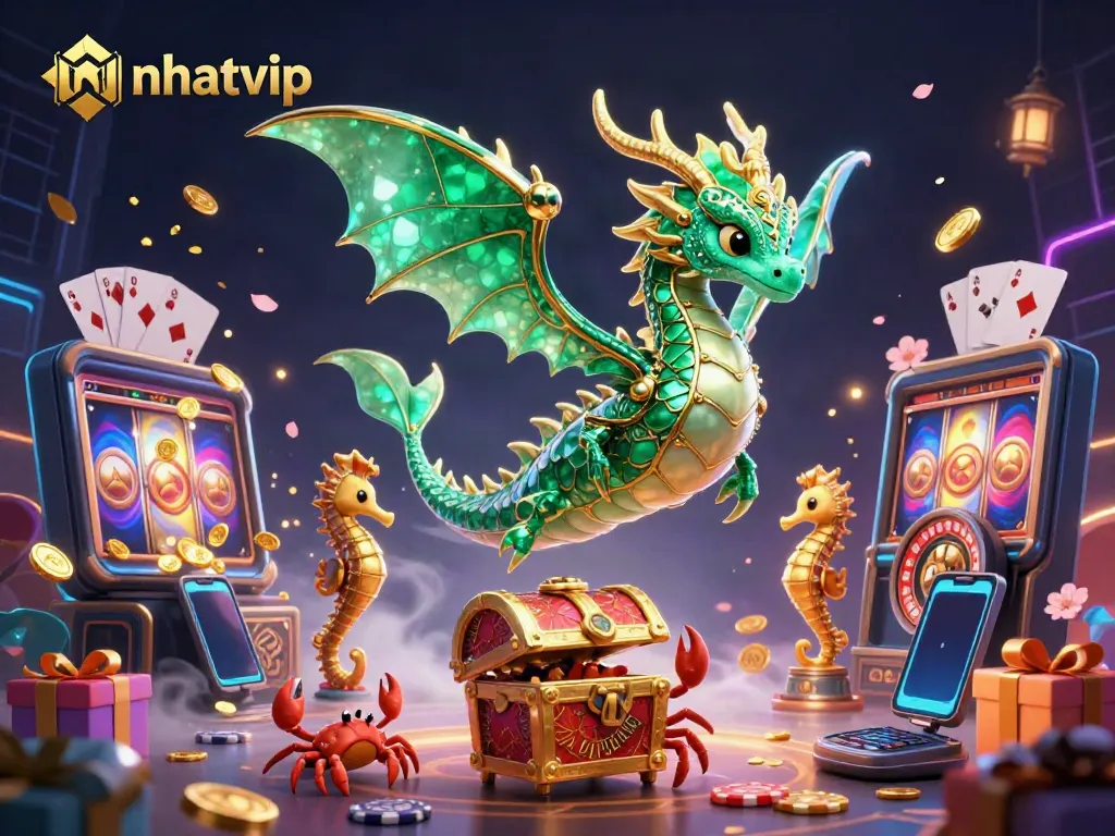 Nhatvip gaming scene with an emerald sea dragon, poker chips, and golden coins in a vibrant casino atmosphere