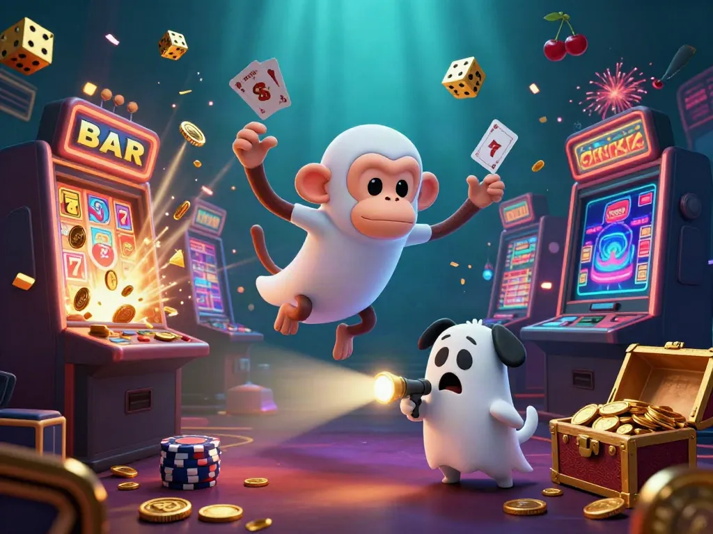 Experience nk88 excitement with a mischievous poltergeist monkey juggling casino tokens in a haunted atmosphere.