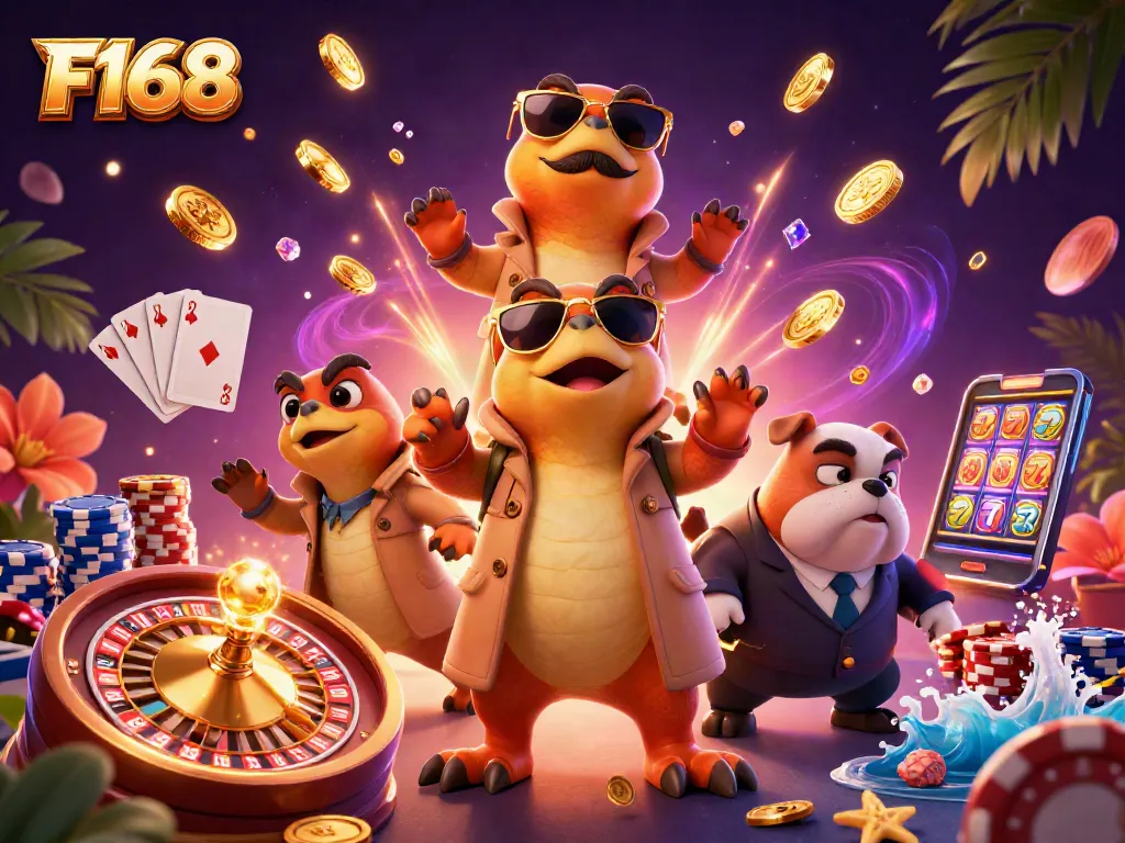 F168 casino scene featuring raptors in disguise, vibrant elements like coins and roulette wheel.