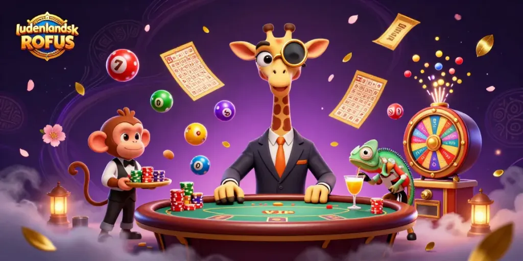 Engage with utenlandsk casino uden ROFUS through vibrant lottery elements and lively characters in 3D illustration.
