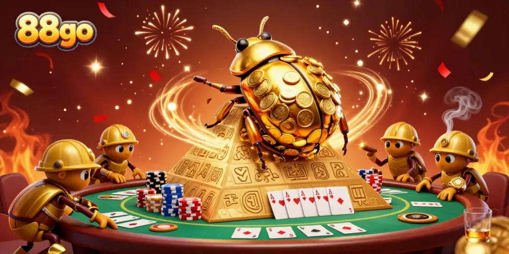Join the excitement of 88go as golden dung beetles reveal casino treasures in a vibrant illustration.
