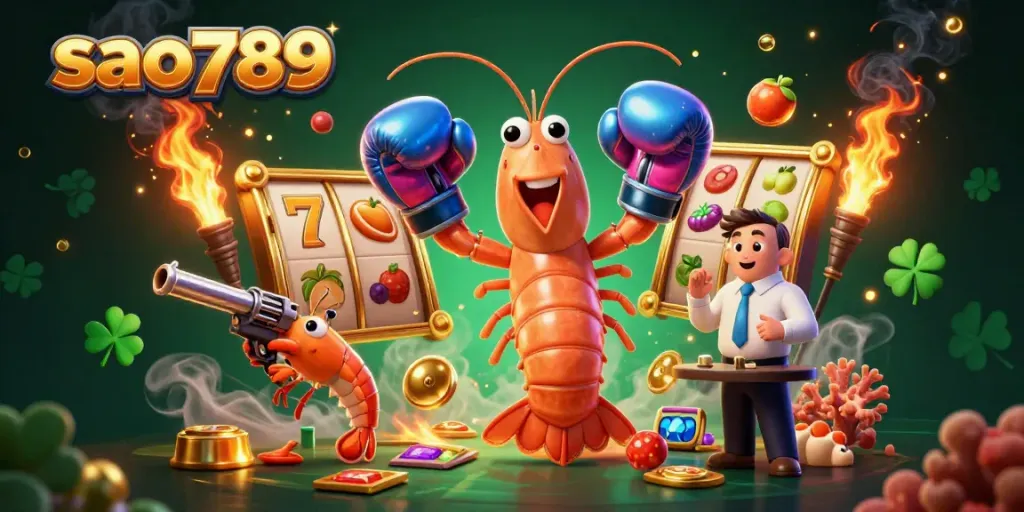 Engage in thrilling gameplay at sao789 with a vibrant casino scene featuring animated characters and slot machine elements.