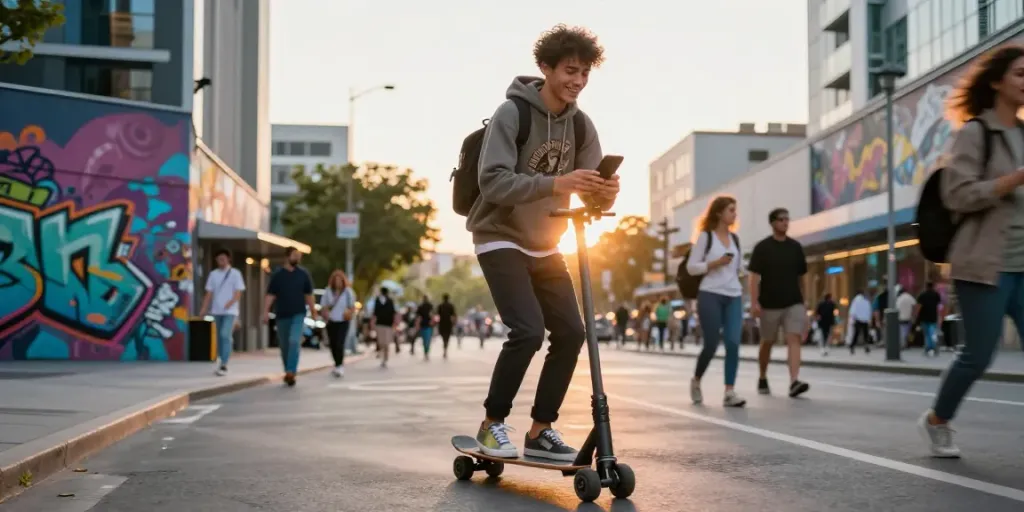 Stylish young man enjoying rokok88 lifestyle on electric skateboard in vibrant urban setting.