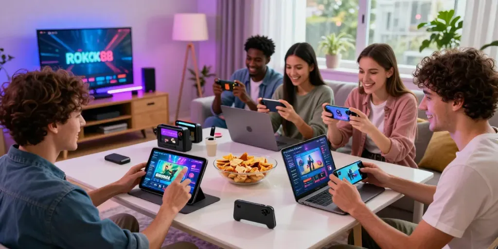 Friends enjoying the ROKOK88 gaming platform on various devices in a cozy living room.