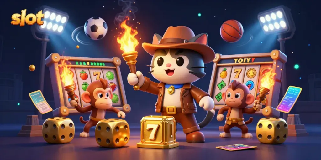 Experience thrilling slot action in a vibrant 3D casino scene with our lucky explorer and monkey.