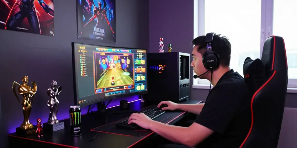 Exciting online gaming atmosphere featuring a player focused on rokok88 alternatif slot games with vibrant LED lights.